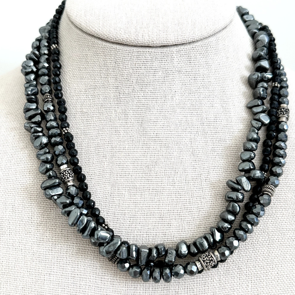 Silpada 925 Sterling Silver Hematite Black Onyx Triple Strand Beaded Necklace 67$